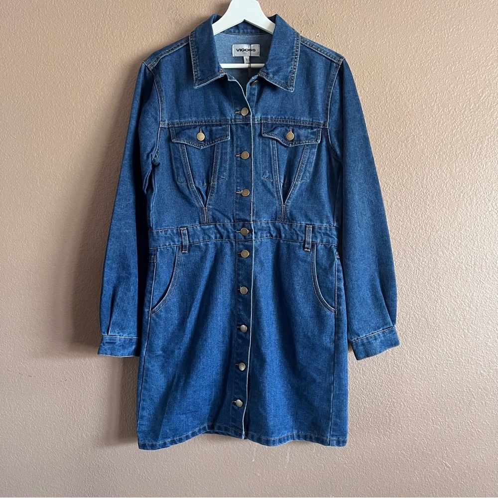Vigoss Blue Mini Button Up Denim Jean Dress Size Large with Pockets NWT